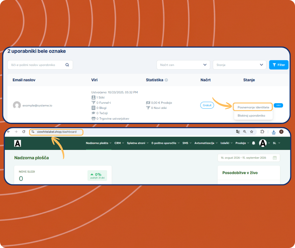 systeme.io white label users dashboard showing subaccount list, user impersonation feature, and access to individual client dashboards