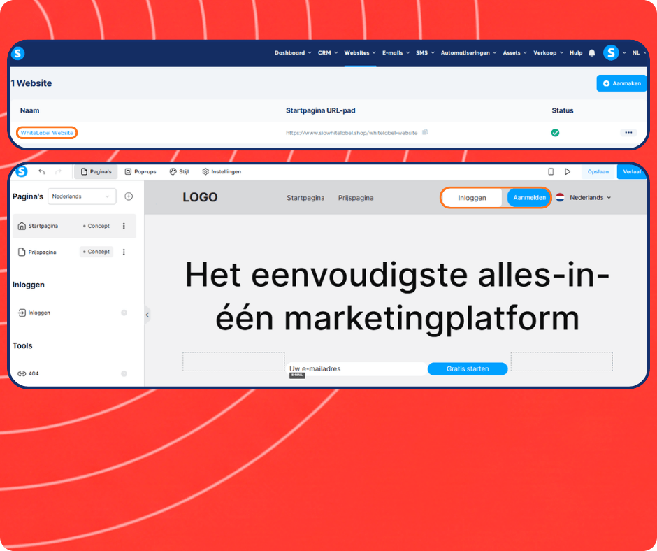 systeme.io website builder and white label site editor showing page creation, homepage design, and login signup customization