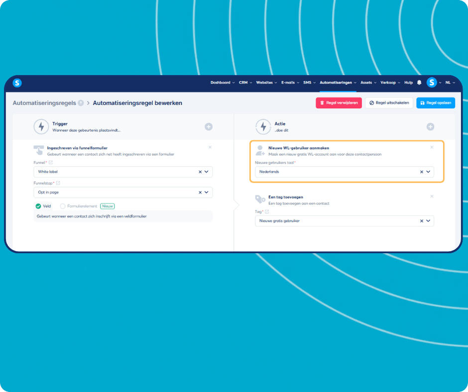 systeme.io automation rules dashboard showing trigger-based workflow to create white label users and apply tags automatically
