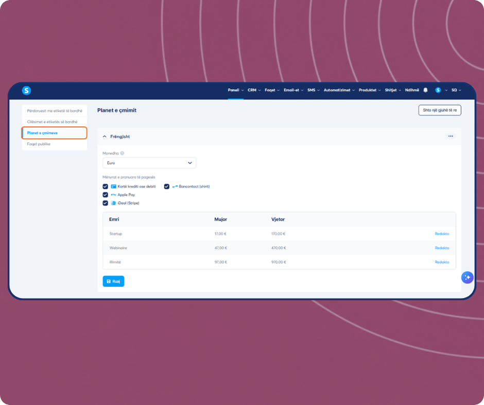 systeme.io white label price plans dashboard showing subscription pricing, payment methods, and plan configuration options
