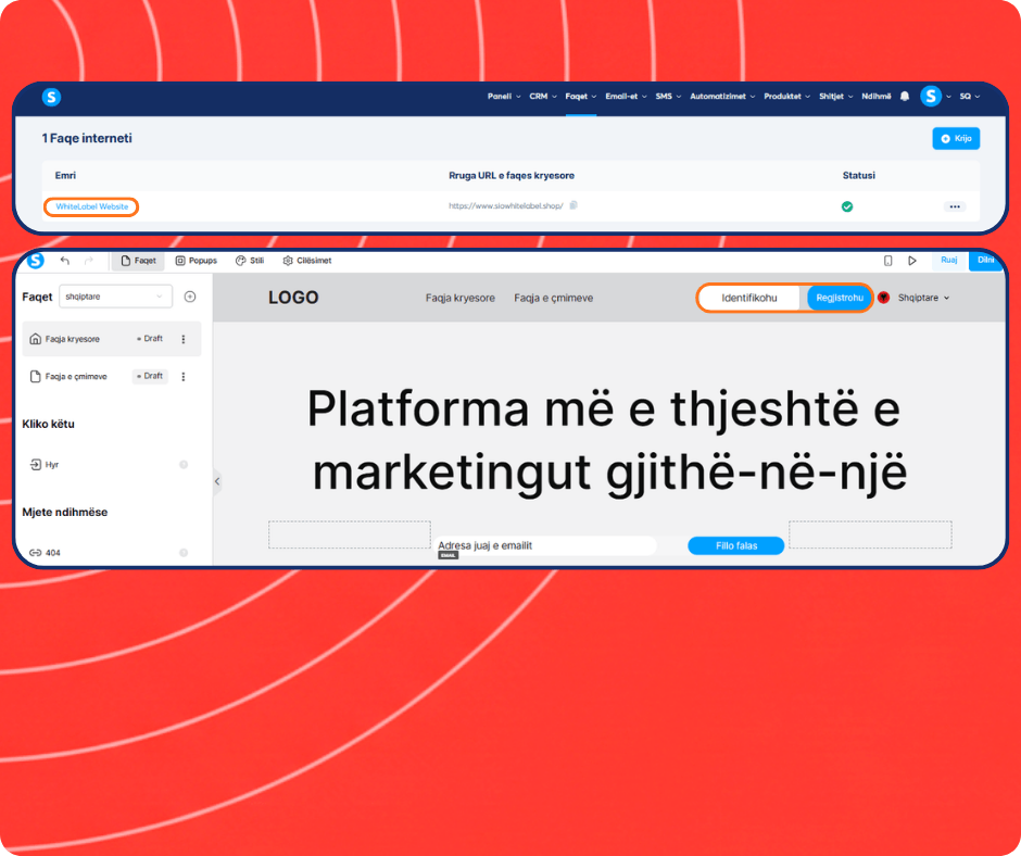 systeme.io website builder and white label site editor showing page creation, homepage design, and login signup customization