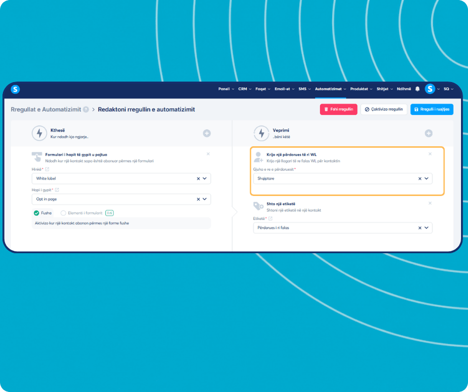 systeme.io automation rules dashboard showing trigger-based workflow to create white label users and apply tags automatically