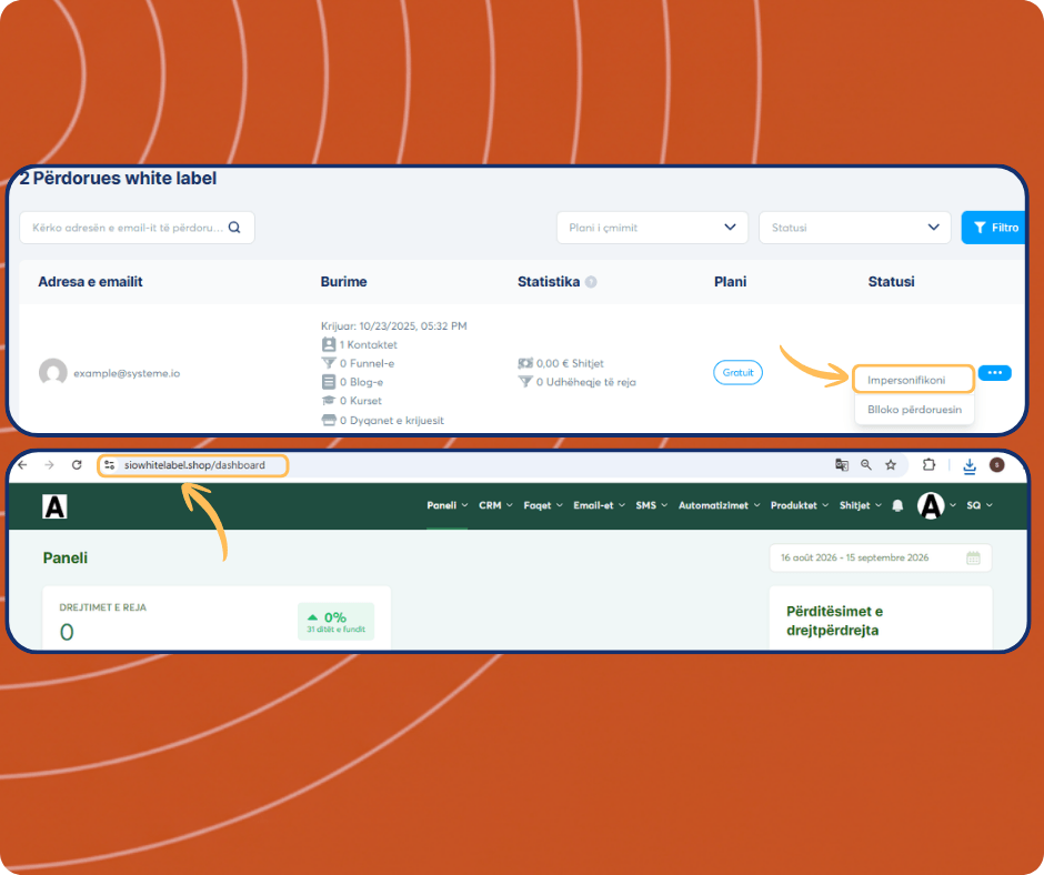 systeme.io white label users dashboard showing subaccount list, user impersonation feature, and access to individual client dashboards