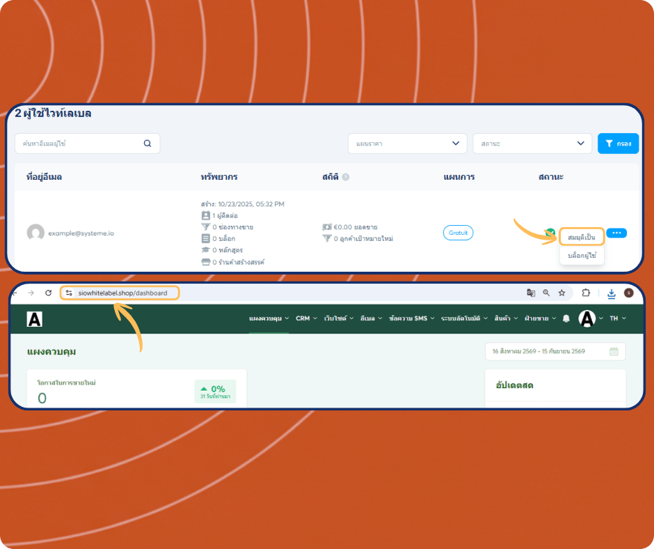 systeme.io white label users dashboard showing subaccount list, user impersonation feature, and access to individual client dashboards