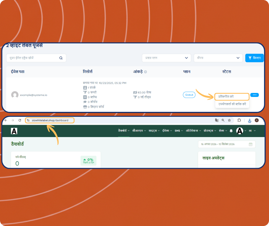 systeme.io white label users dashboard showing subaccount list, user impersonation feature, and access to individual client dashboards