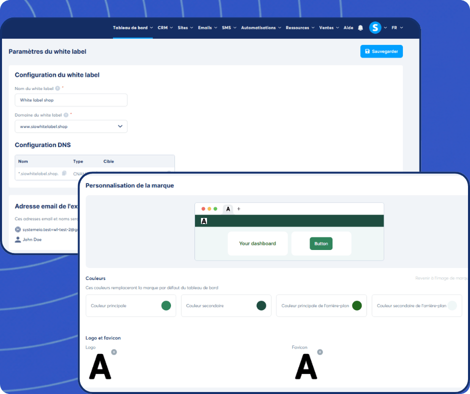 systeme.io white label settings dashboard showing brand customization, domain setup, DNS configuration, and logo personalization options