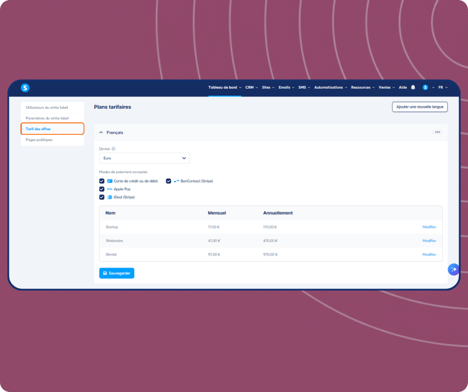 systeme.io white label price plans dashboard showing subscription pricing, payment methods, and plan configuration options