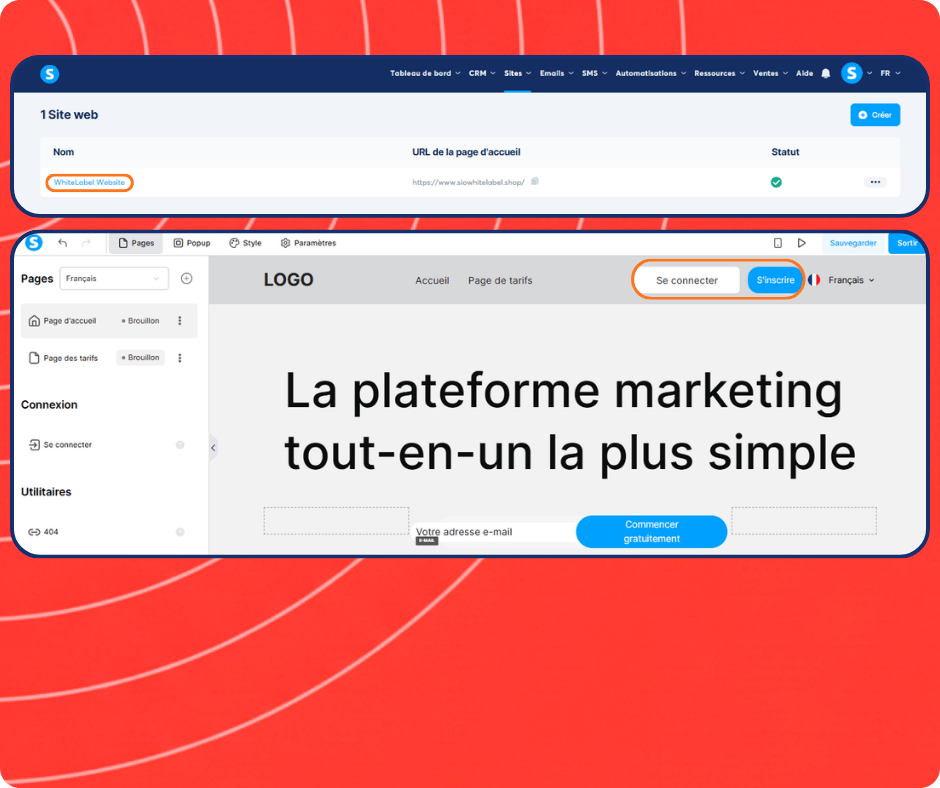 systeme.io website builder and white label site editor showing page creation, homepage design, and login signup customization