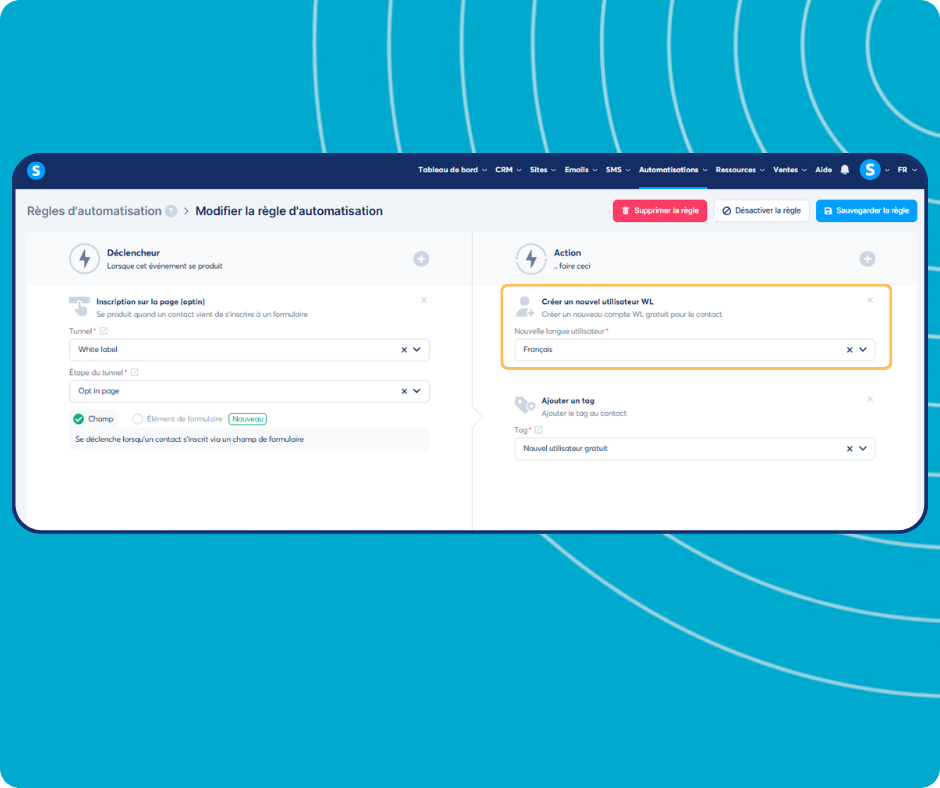 systeme.io automation rules dashboard showing trigger-based workflow to create white label users and apply tags automatically