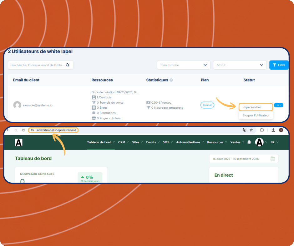 systeme.io white label users dashboard showing subaccount list, user impersonation feature, and access to individual client dashboards