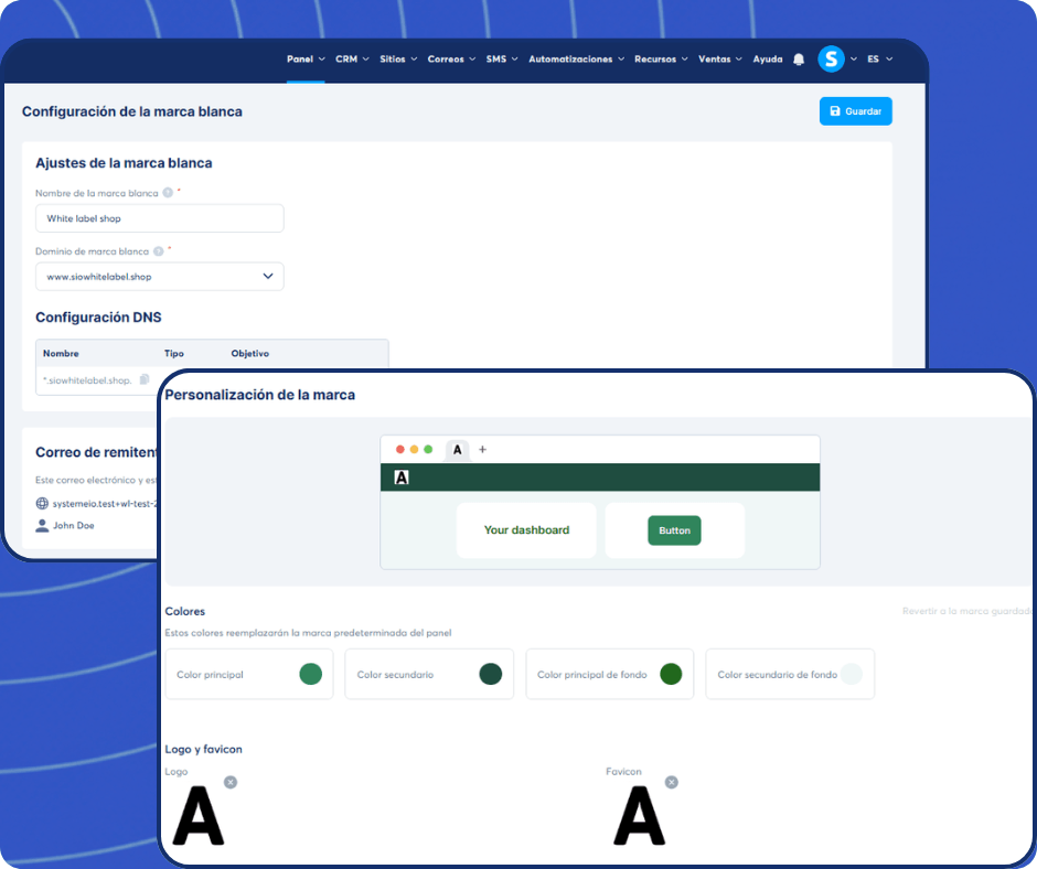 systeme.io white label settings dashboard showing brand customization, domain setup, DNS configuration, and logo personalization options