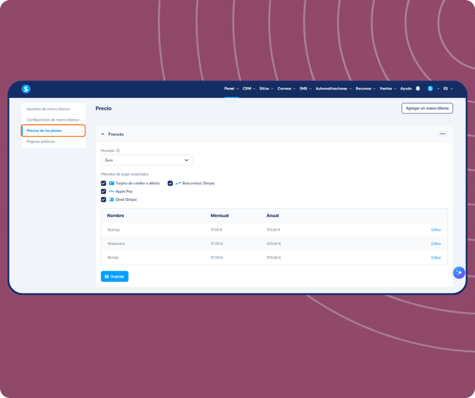 systeme.io white label price plans dashboard showing subscription pricing, payment methods, and plan configuration options