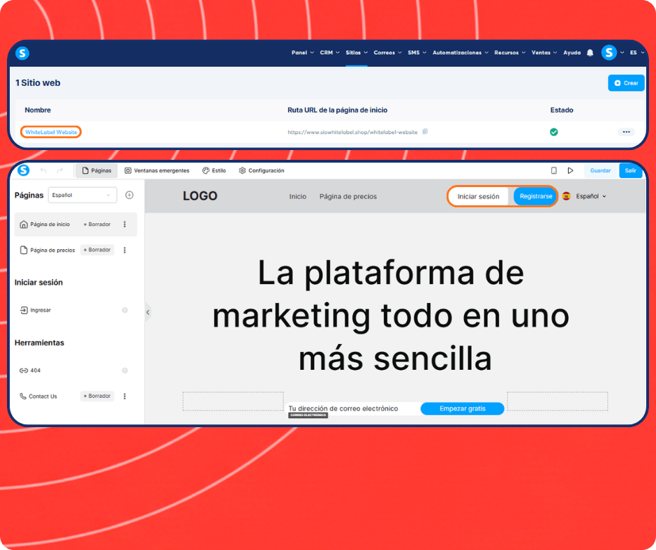 systeme.io website builder and white label site editor showing page creation, homepage design, and login signup customization