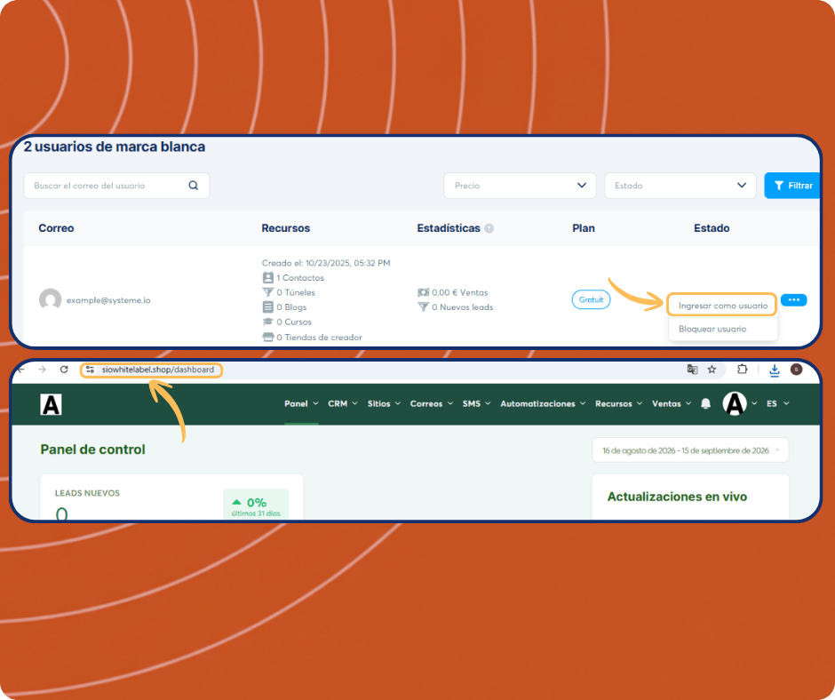 systeme.io white label users dashboard showing subaccount list, user impersonation feature, and access to individual client dashboards