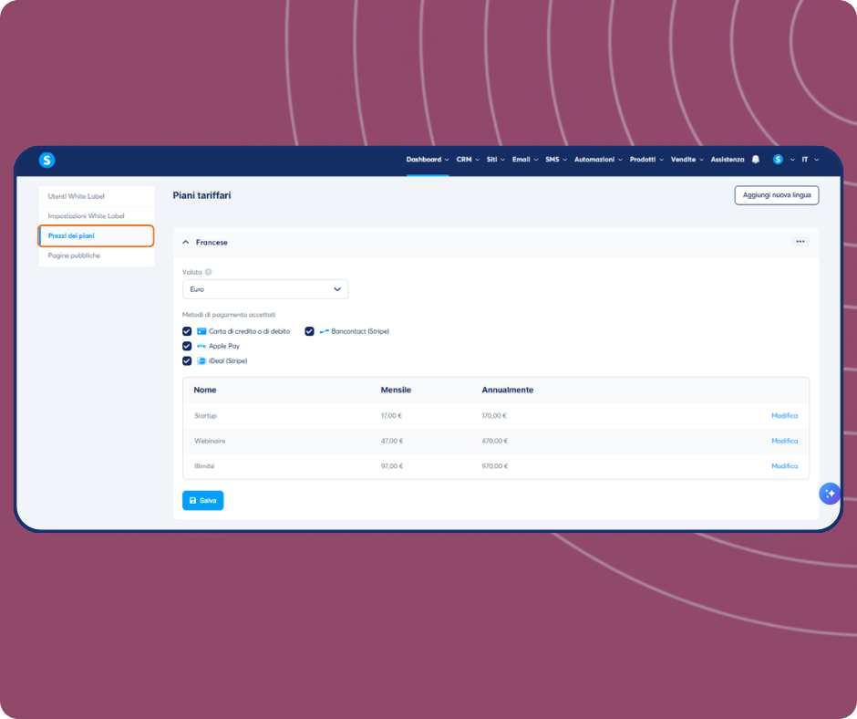 systeme.io white label price plans dashboard showing subscription pricing, payment methods, and plan configuration options