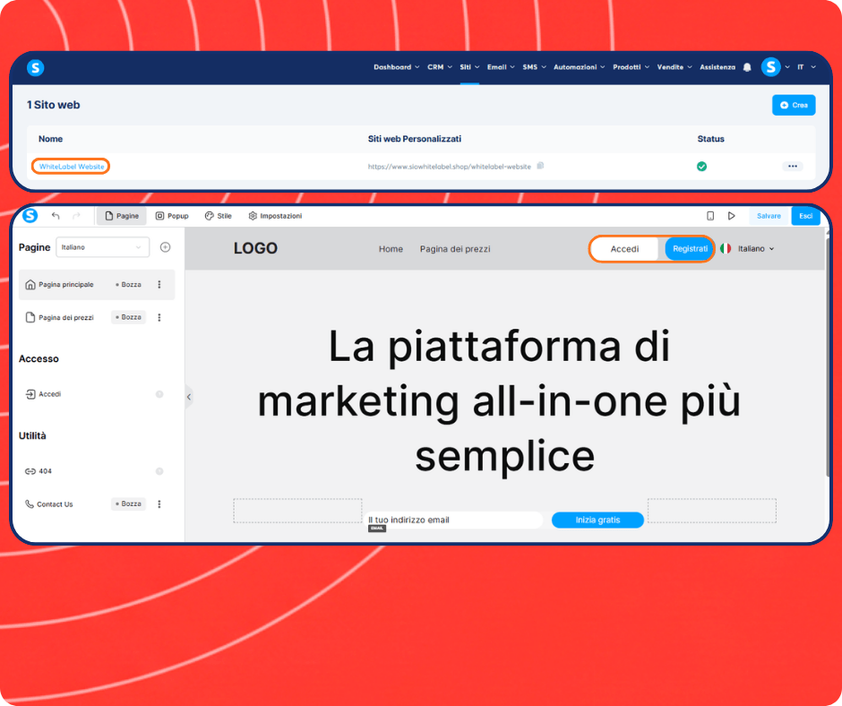 systeme.io website builder and white label site editor showing page creation, homepage design, and login signup customization