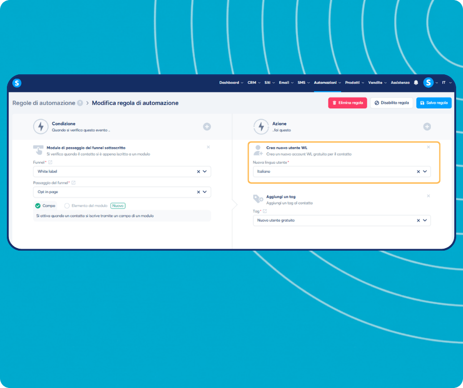 systeme.io automation rules dashboard showing trigger-based workflow to create white label users and apply tags automatically