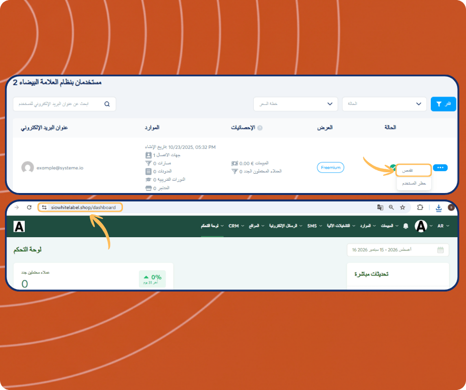 systeme.io white label users dashboard showing subaccount list, user impersonation feature, and access to individual client dashboards