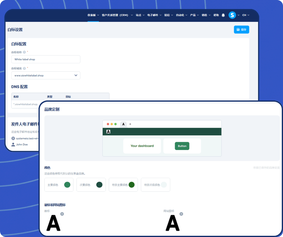systeme.io white label settings dashboard showing brand customization, domain setup, DNS configuration, and logo personalization options