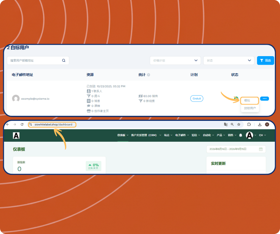 systeme.io white label users dashboard showing subaccount list, user impersonation feature, and access to individual client dashboards