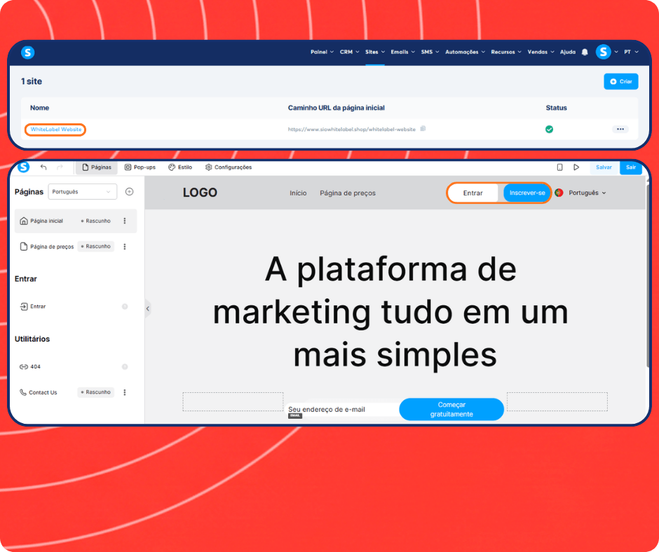 systeme.io website builder and white label site editor showing page creation, homepage design, and login signup customization