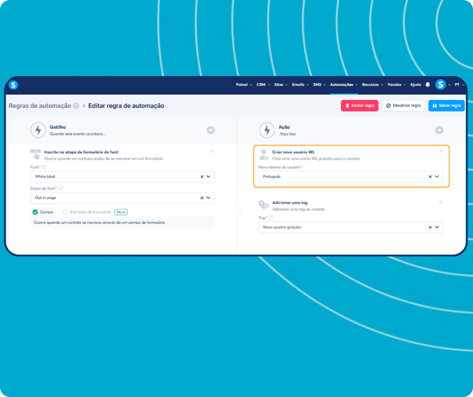 systeme.io automation rules dashboard showing trigger-based workflow to create white label users and apply tags automatically