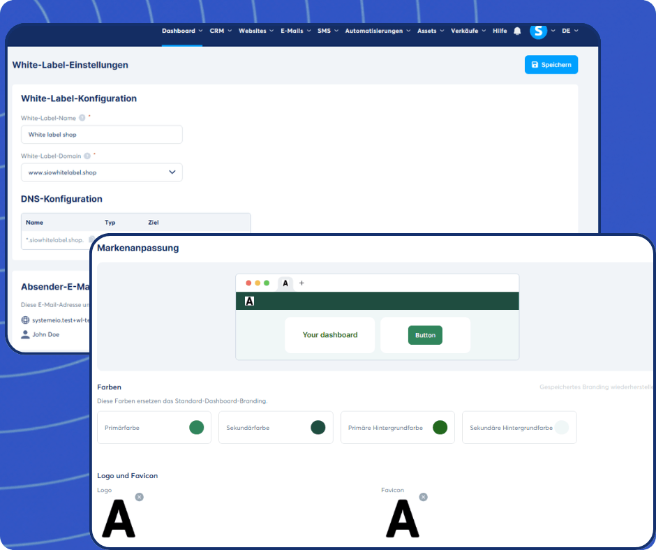 systeme.io white label settings dashboard showing brand customization, domain setup, DNS configuration, and logo personalization options