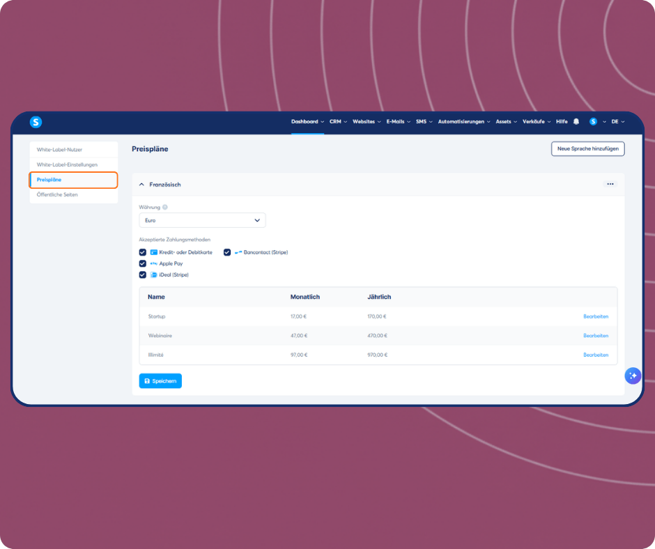 systeme.io white label price plans dashboard showing subscription pricing, payment methods, and plan configuration options