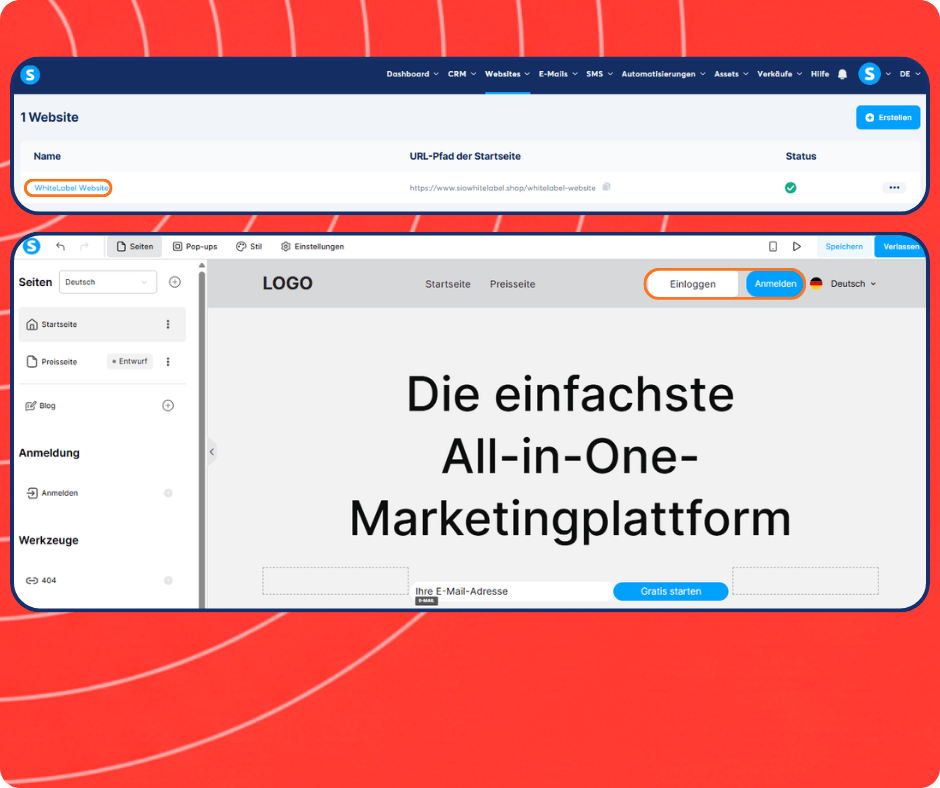 systeme.io website builder and white label site editor showing page creation, homepage design, and login signup customization