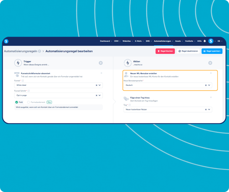 systeme.io automation rules dashboard showing trigger-based workflow to create white label users and apply tags automatically
