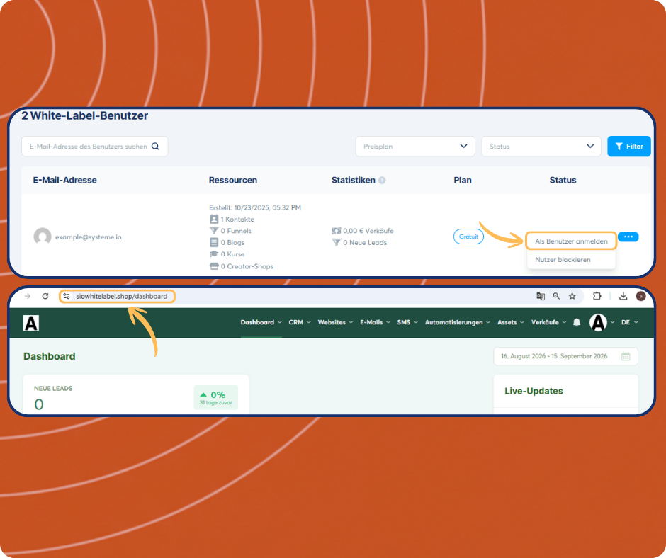 systeme.io white label users dashboard showing subaccount list, user impersonation feature, and access to individual client dashboards