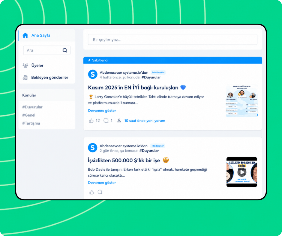 systeme.io online community dashboard showing member posts and community settings