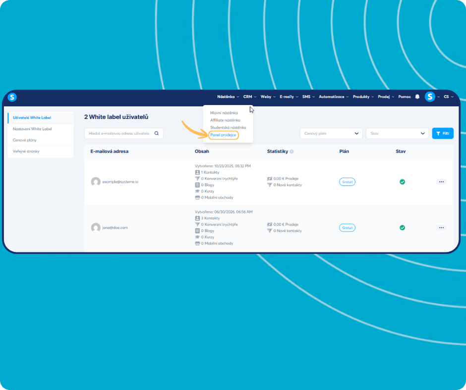 systeme.io white label dashboard showing subaccount management, agency dashboard selection, and user statistics for leads, funnels, and sales