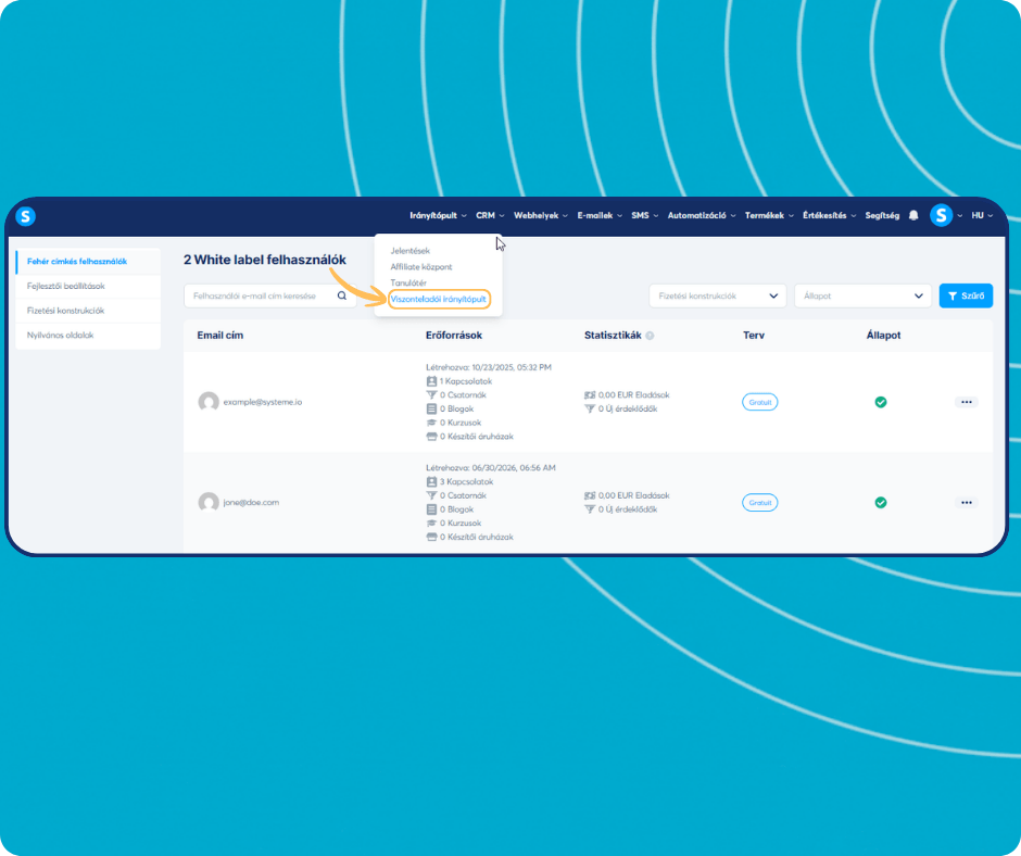 systeme.io white label dashboard showing subaccount management, agency dashboard selection, and user statistics for leads, funnels, and sales