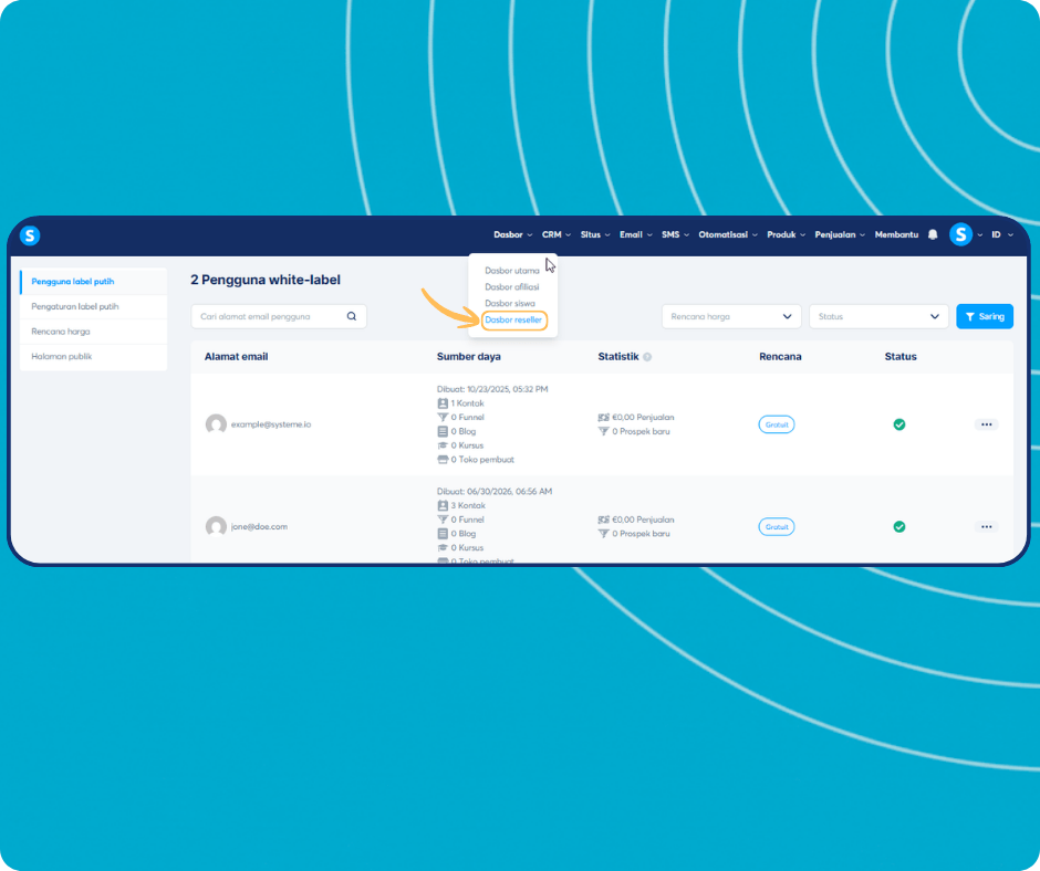 systeme.io white label dashboard showing subaccount management, agency dashboard selection, and user statistics for leads, funnels, and sales