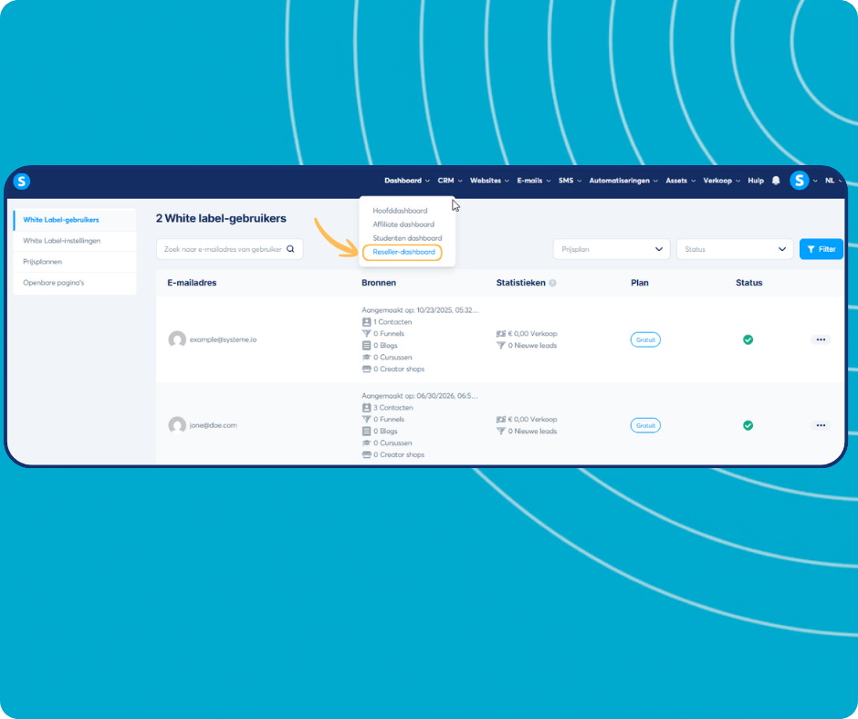 systeme.io white label dashboard showing subaccount management, agency dashboard selection, and user statistics for leads, funnels, and sales