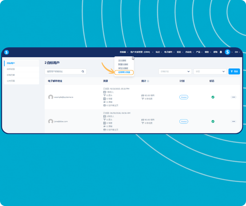 systeme.io white label dashboard showing subaccount management, agency dashboard selection, and user statistics for leads, funnels, and sales