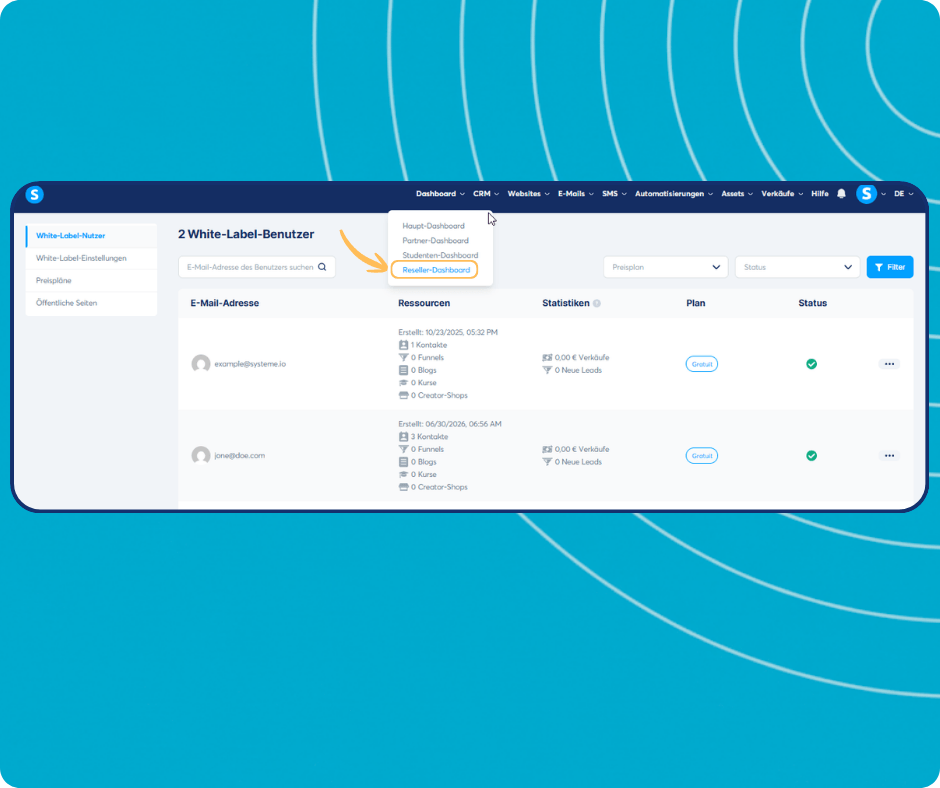 systeme.io white label dashboard showing subaccount management, agency dashboard selection, and user statistics for leads, funnels, and sales