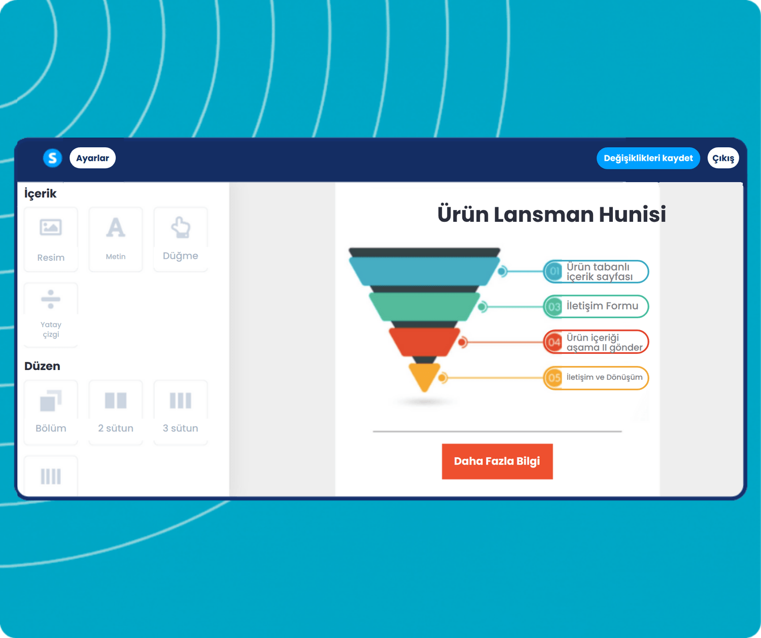 systeme.io visual email editor showing drag-and-drop content blocks, layout customization, and email design interface
