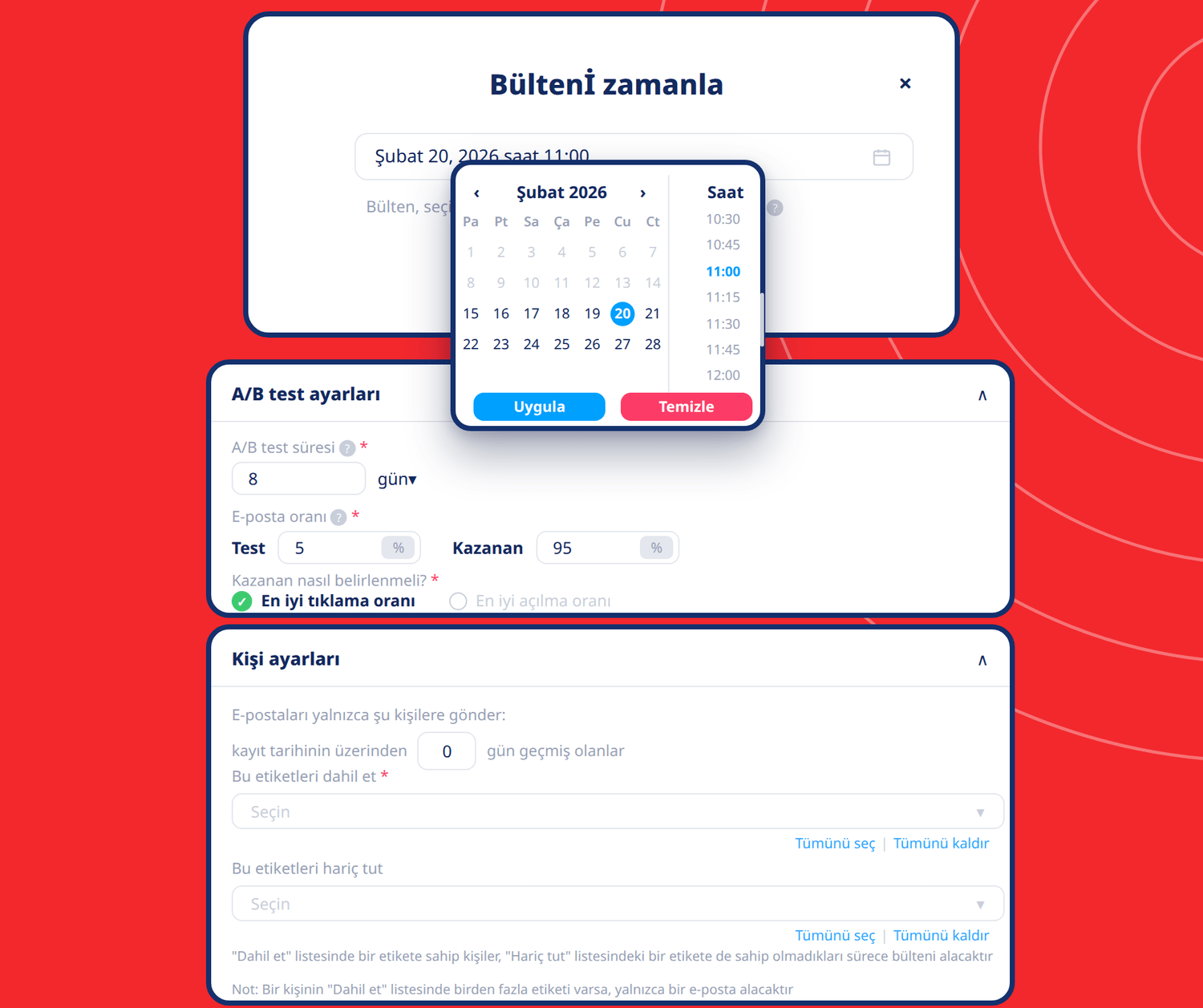 systeme.io email marketing scheduler showing newsletter scheduling, A/B testing settings, and contact segmentation options