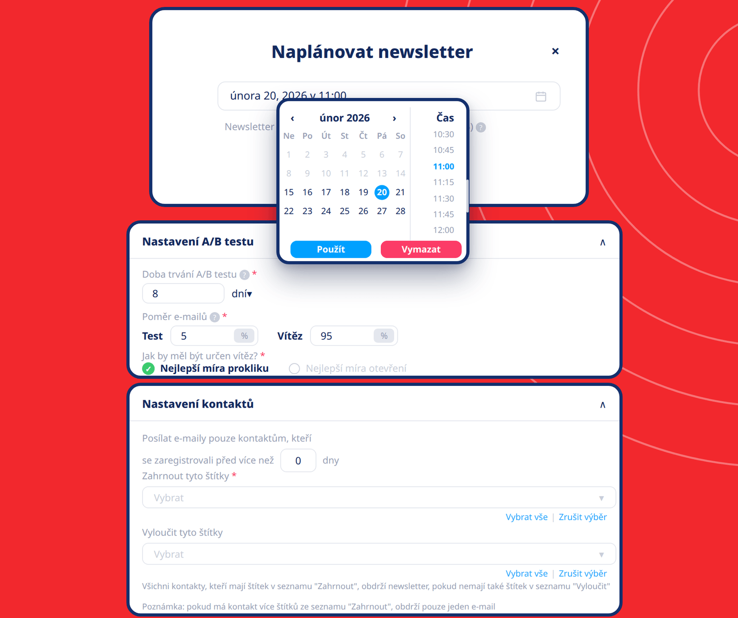 systeme.io email marketing scheduler showing newsletter scheduling, A/B testing settings, and contact segmentation options
