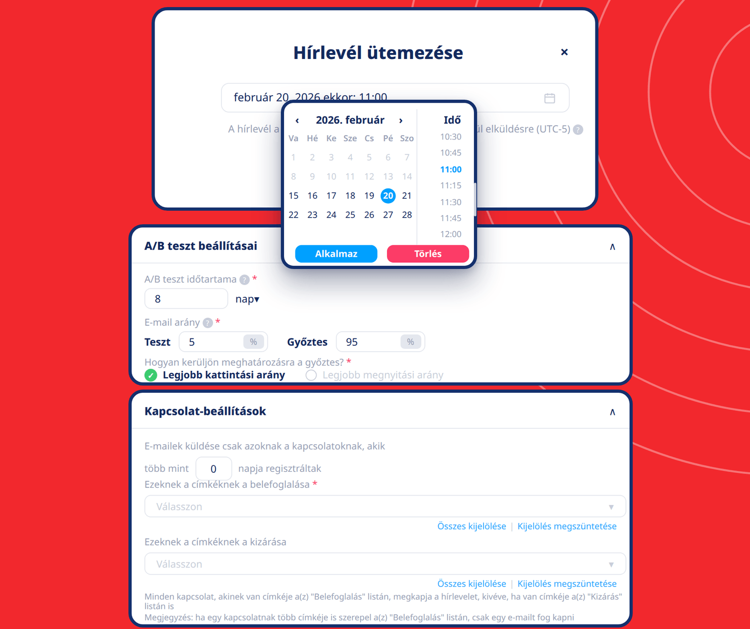 systeme.io email marketing scheduler showing newsletter scheduling, A/B testing settings, and contact segmentation options