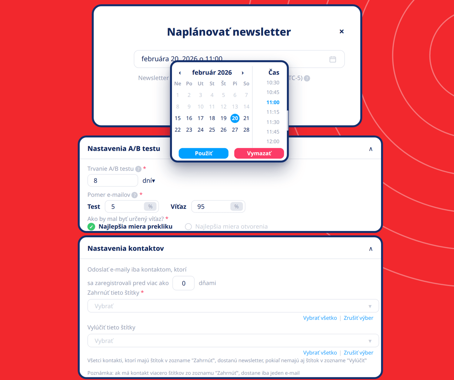 systeme.io email marketing scheduler showing newsletter scheduling, A/B testing settings, and contact segmentation options