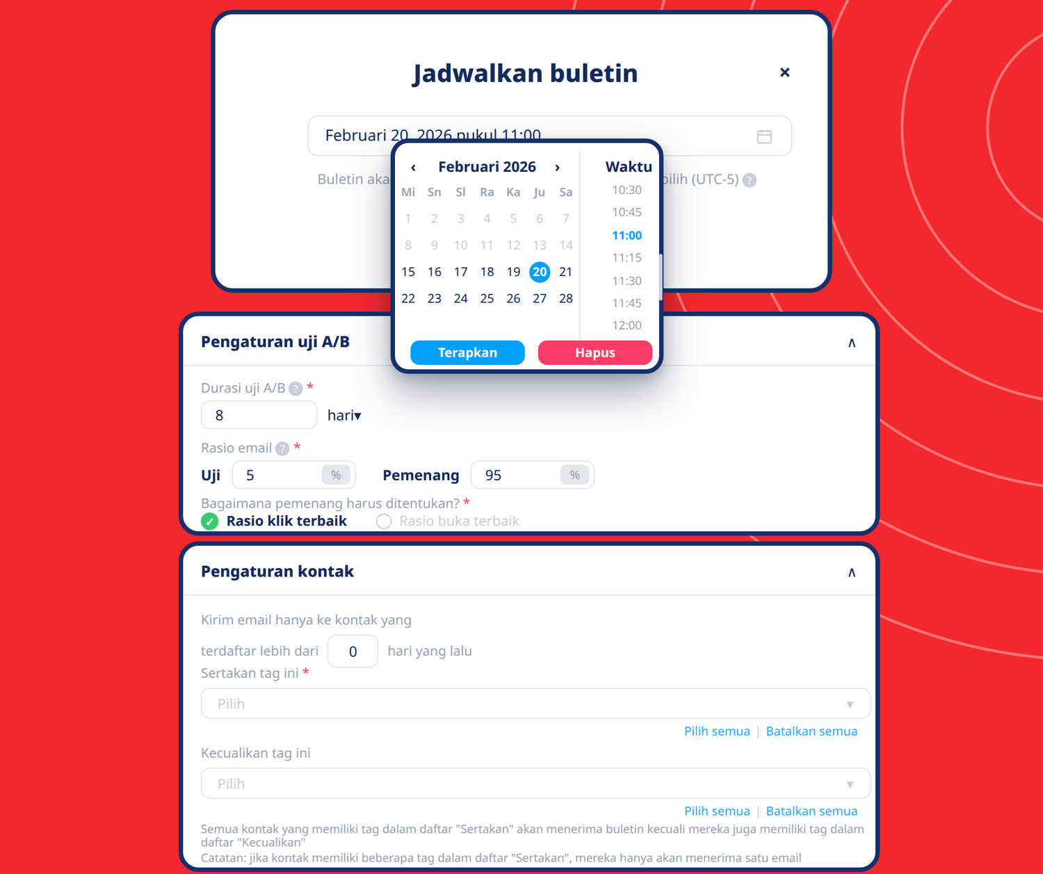 systeme.io email marketing scheduler showing newsletter scheduling, A/B testing settings, and contact segmentation options