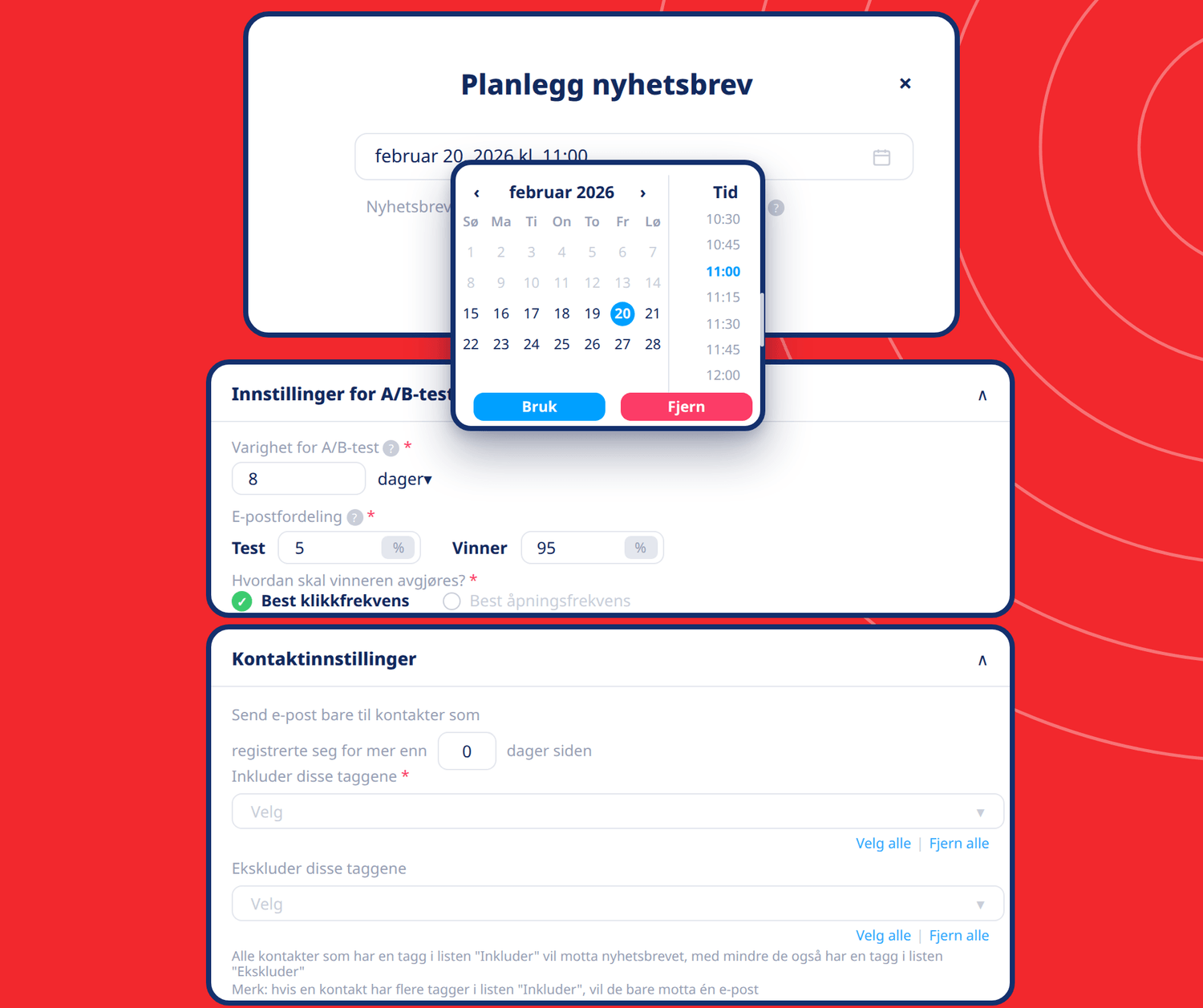 systeme.io email marketing scheduler showing newsletter scheduling, A/B testing settings, and contact segmentation options