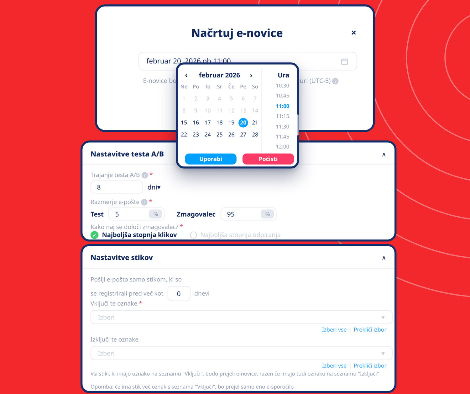 systeme.io email marketing scheduler showing newsletter scheduling, A/B testing settings, and contact segmentation options