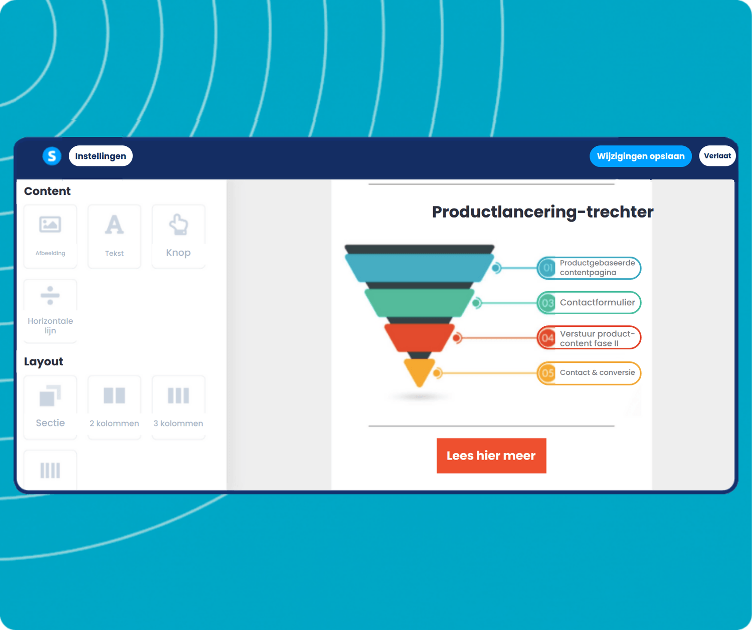 systeme.io visual email editor showing drag-and-drop content blocks, layout customization, and email design interface