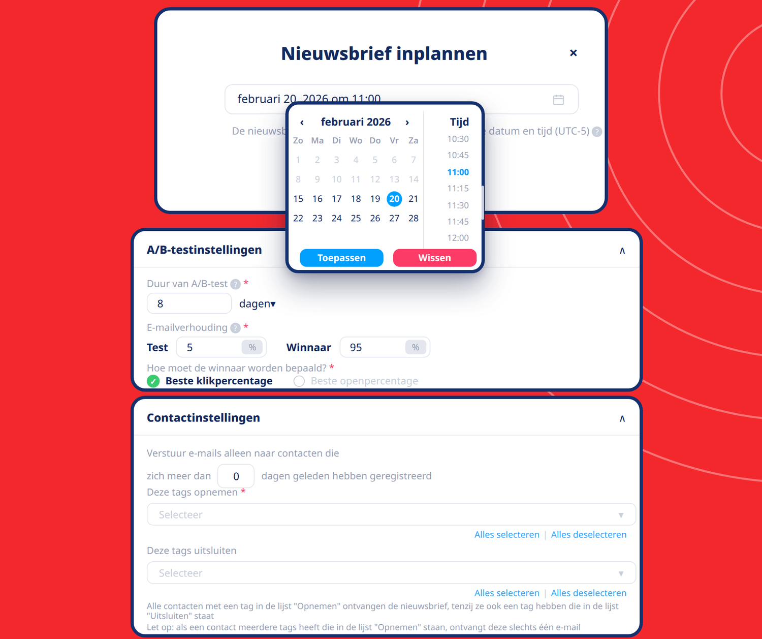 systeme.io email marketing scheduler showing newsletter scheduling, A/B testing settings, and contact segmentation options
