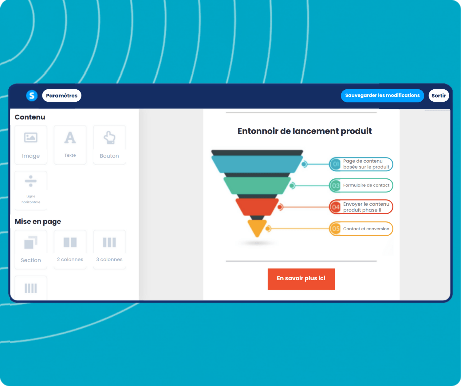 systeme.io visual email editor showing drag-and-drop content blocks, layout customization, and email design interface