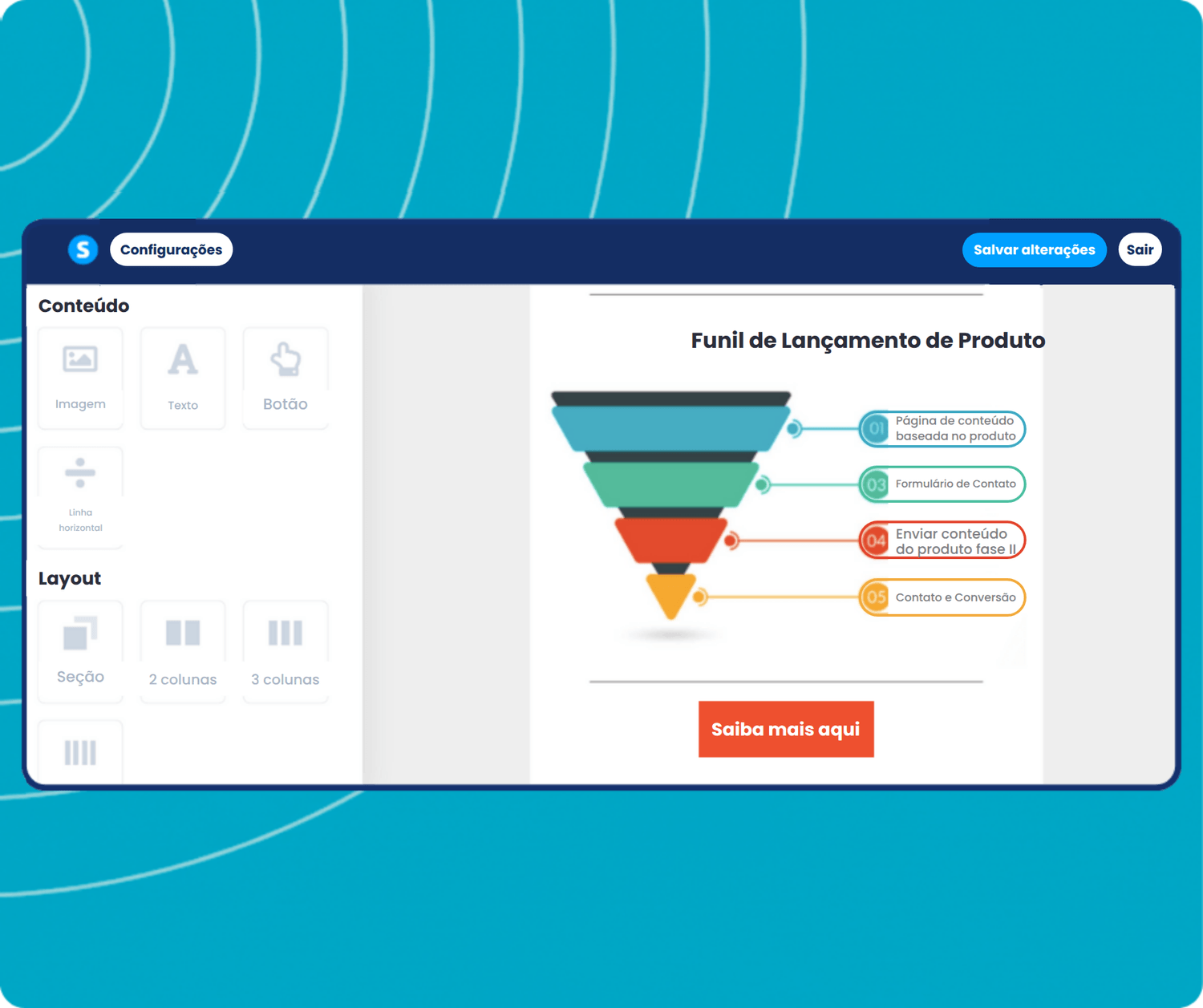 systeme.io visual email editor showing drag-and-drop content blocks, layout customization, and email design interface